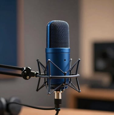 A high-end podcasting studio setting with soft bokeh. A slate blue #86A3B8 microphone is the focus. Sophisticated lighting, professional and calm atmosphere.