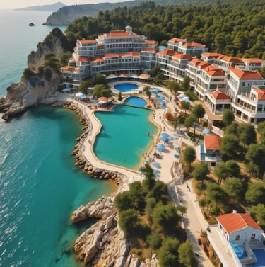 a pool with palm trees and a mountain in the background