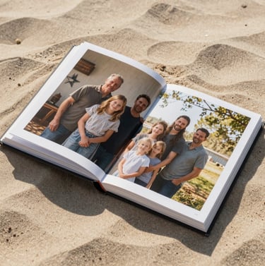 A high-quality physical photography album lying open on a soft sand colored linen surface. The open page shows a cinematic portrait of the family. The room is filled with warm, natural North American / General Western afternoon light.
