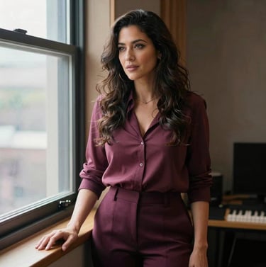 A studio portrait of a performer in a North American / US music studio. She is standing by a window with natural light, wearing muted rose and dark aubergine attire. The atmosphere is captivating, inviting, and highly professional.