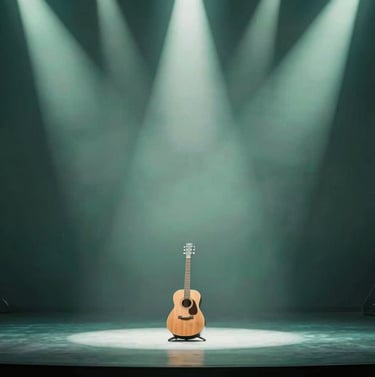 A wide-angle shot of a stage stage bathed in soft teal #386F6F and sage #91AA9D lighting, focusing on a lone guitar under a spotlight, inviting and emotional atmosphere.