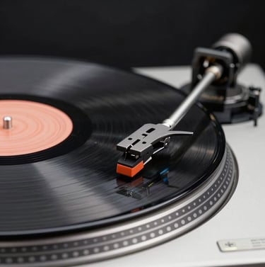 Detailed macro photography of a turntable and vinyl record spinning, with a focus on the needle. Modern, clean setup in a Spanish / Latin American lounge. Lighting is soft platinum grey against a rich deep black background, conveying professional longevity.