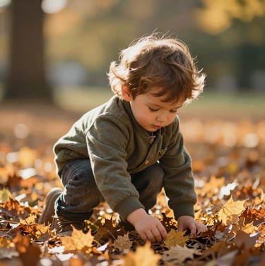A candid shot of a toddler playing with autumn leaves, backlit by a warm sun, showcasing rich textures and genuine emotion with cinematic depth.
