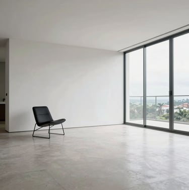Interior shot of an expansive, minimalist living area in a South American / Brazilian penthouse. The space is filled with negative space, featuring a single black designer chair against a massive white wall and floor-to-ceiling windows.