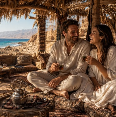 A couple drinks tea in a traditional Bedouin beach lounge in Dahab, Egypt, overlooking the Red Sea.