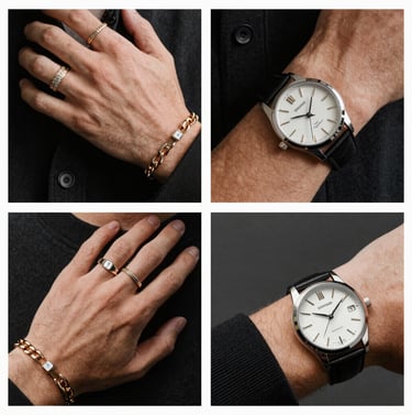 Man wearing luxury gold rings, a chain bracelet, and a classic silver wristwatch with a black leather strap.