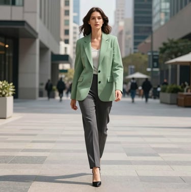 A full-length fashion photograph of a woman walking confidently through a modern, upscale North American / Western European city plaza. She is wearing a soft green blazer and tailored charcoal trousers. The lighting is sunny and crisp, conveying a high-end, inspiring lifestyle mood.