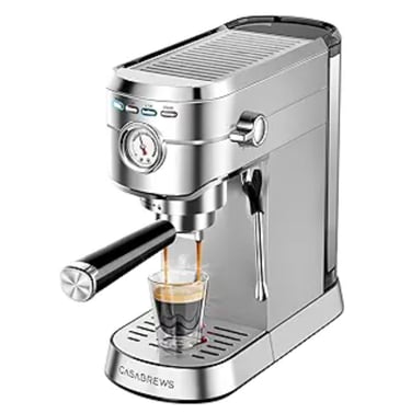 Casabrews compact espresso machine brewing a fresh shot of coffee into a glass cup.