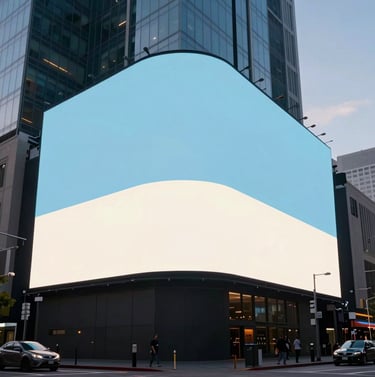Wide shot of a massive digital billboard in a North American / US metropolitan area during twilight, displaying a high-contrast sports photograph in light blue and off-white, sleek urban glass architecture surrounding it.