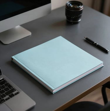 Detailed photography of a designer's desk in a Brazilian studio, dark gray surfaces with minimalist stationary and a subtle baby blue sketchbook, professional and creative workspace.