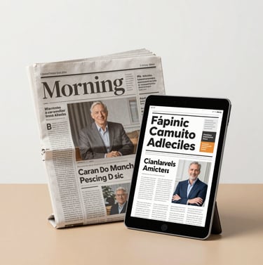 A crisp, professional photograph of a morning newspaper and a digital tablet both featuring a major campaign headline, set against a clean white and tan backdrop.