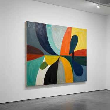 A striking photograph of a large-scale modern painting in a minimalist studio. The artwork features vibrant colors and fluid shapes, standing in contrast to the clean white walls and dark grey floor of the Middle Eastern studio space.