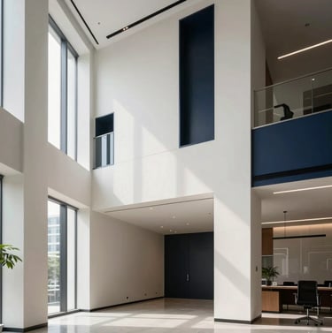 A high-end architectural shot of a modern office interior in a Southeast Asian / Indonesian city, featuring clean lines, off-white walls, and professional dark navy accents.