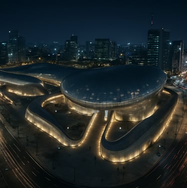 Ultra-wide aerial drone panorama of the Dongdaemun Design Plaza at night, metallic curves shimmering under artificial lights, cinematic composition, futuristic urban landscape, East Asian / Korean urban.