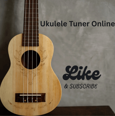A wooden ukulele with a deer engraving and text reading Ukulele Tuner Online Like and Subscribe.