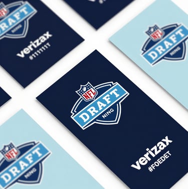 An editorial flat lay of premium marketing materials and passes for the Verizon NFL Draft campaign. Clean layout, sharp focus, using a sophisticated dark palette (#111111, #F0EDE8).