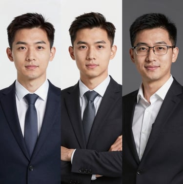 A sophisticated grid of three vertical portraits of modern professionals, showcasing high-contrast lighting and clean backgrounds in #FDFBF7 and #0D0D0D.