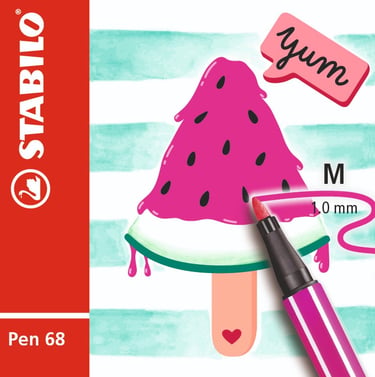 Stabilo Pen 68 fiber-tip pen drawing a pink watermelon popsicle with a medium 1.0 mm tip.