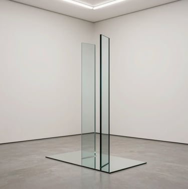 Vertical orientation. A minimalist sculpture made of glass and polished steel, reflecting the off-white walls of a contemporary art space in Western Europe. Elegant, clean lines and expansive white space.