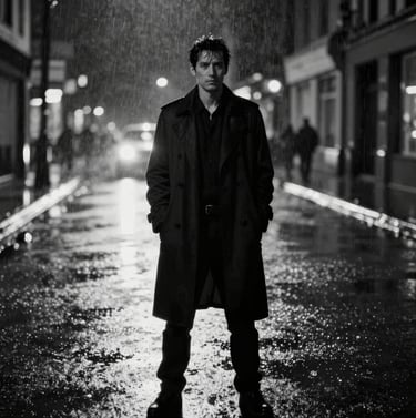 A black and white film still of an actor standing in a rain-slicked street at night. Dramatic backlighting creating a silhouette with a rim of #F5F5F5 light.