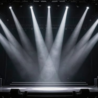 Wide-angle photograph of a sleek, modern stage in a North American venue. Intense white spotlights cut through the dark black atmosphere. Minimalist and high-impact concert setup.