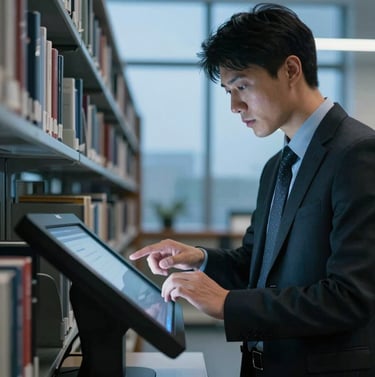A person in a North American / US corporate library interacting with a touchscreen, focused expression, cool sky blue ambient light.