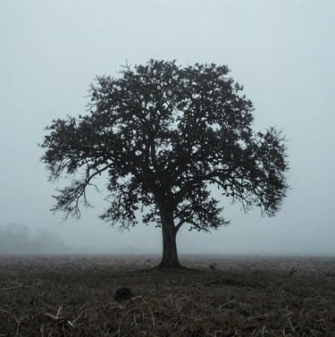 A wide editorial landscape shot featuring a single tree in the mist. Colors are restricted to mist grey, soft steel blue, and deep charcoal.