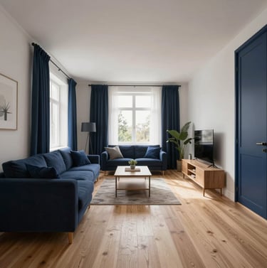 A wide-angle professional photograph of a living area featuring custom 3D visualizations brought to life. Light wood floors, navy blue accents, and soft white walls. Northern European / Baltic morning light, minimalist furniture.