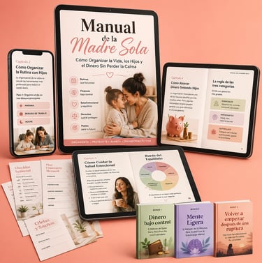 Digital tablets and printed guides showing the Manual de la Madre Sola for single mother organization and budgeting.