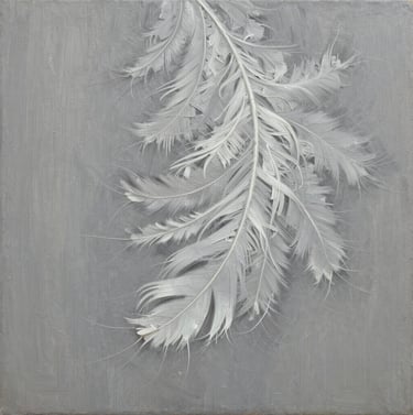 Detail of a contemporary oil painting featuring delicate, feathery brushstrokes in light grey and white, capturing a sense of movement and refined elegance.