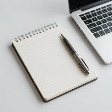 A minimalist overhead shot of a journalist's workspace: a clean notebook with hand-written notes, a professional pen, and a laptop. The aesthetic is clean and organized, utilizing #F5F5F5 and #263238 for a look of expertise.