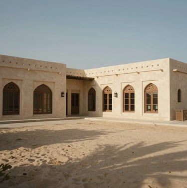 Wide cinematic shot of a modern villa courtyard in the Middle Eastern / Gulf region, sun-drenched architecture with soft sand colors and long shadows, warm and inviting atmosphere.