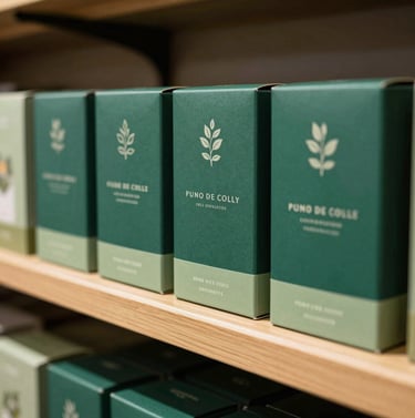 A set of finished retail boxes for a botanical brand, displayed on a wooden shelf in a North American / US retail space. The boxes are deep sea green with soft sage green accents. Professional retail photography style.