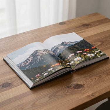 A minimalist composition of a high-quality photography portfolio book resting on a wooden table in a bright North American studio. The lighting is clean and airy, showcasing professional mountain and flower prints on the open pages, reflecting a sophisticated artistic lifestyle.