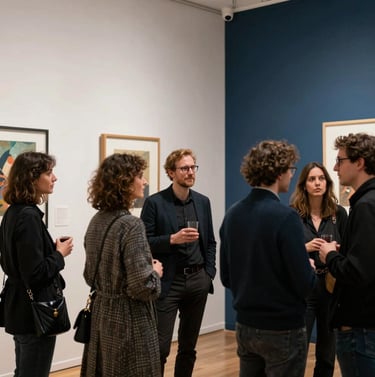 Photography of a lively vernissage in a European / French art space. A diverse group of artists and professionals are talking and networking. The background features walls painted in soft off-white and brand-consistent dark navy blue accents.