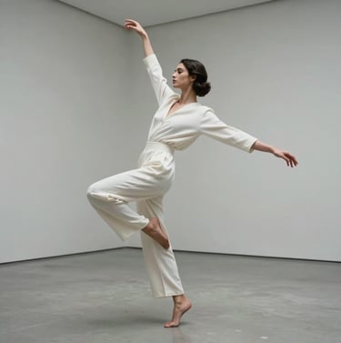 A high-fashion photography piece showing a model in a dynamic yet graceful pose, wearing luxurious white attire, set in a light gray minimalist gallery space, cinematic lighting, Global / Hispano context.