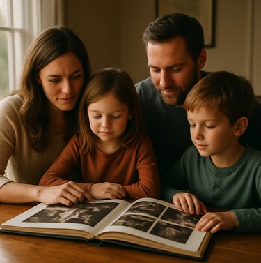 A North American family sitting at a warm wooden table, looking through a printed photography album together. The scene is warmly lit by a nearby window, reflecting an authentic moment of connection and storytelling.