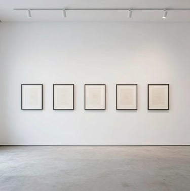 Wide shot of a minimalist gallery interior with stark white walls and light gray floors, North American / European, thin black frames hanging precisely on the wall, airy and calm architectural atmosphere.