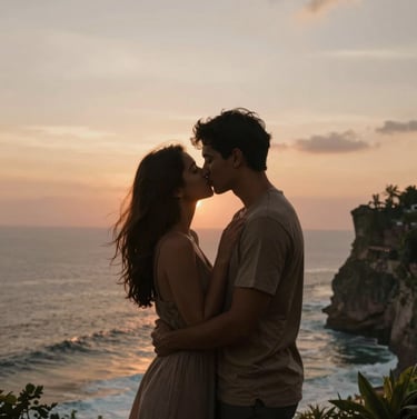 A romantic sunset kiss on a cliffside in Uluwatu, Bali. Elegant silhouette, serene and heartfelt, reflecting deep emotional connection. Hues of #2A362B and #C7B7A3.