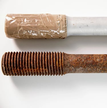 Comparación entre dos piezas de metal, una cubierta con Muticoat anticorrosión de Tecnan y la otra no.