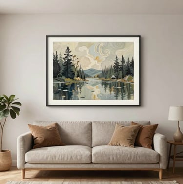 A wide-angle professional photograph of a finished commission piece hanging above a minimalist sofa in a bright North American apartment. The art coordinates perfectly with the earthy-toned pillows and wooden furniture.