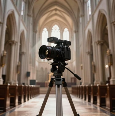 An elegant, low-angle shot of a film camera on a tripod inside a beautiful, high-ceilinged cathedral. The light rays are visible through the air, highlighting textures in #A79E8B and #F5F2EC. Artistic and inspiring professionalism.
