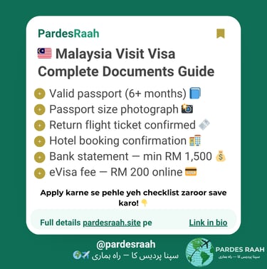 A Malaysia Visit Visa documents guide checklist for travelers including passport, photo, and bank statement requirements.