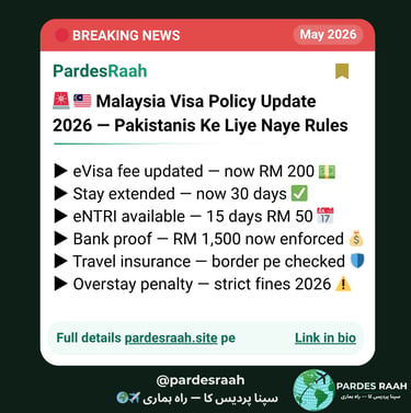 Infographic detailing Malaysia visa policy update 2026 for Pakistanis with eVisa fees and stay rules.