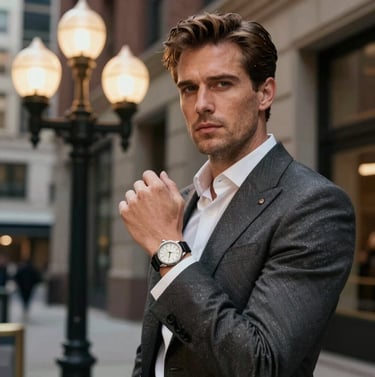 A stunning final frame from the campaign: a professional wearing luxury attire in a North American / US urban setting, the watch gleaming under soft silk off-white street lamps.