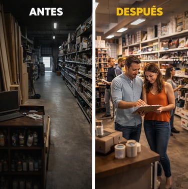 Before and after retail store showing improved layout, lighting, and customer shopping experience