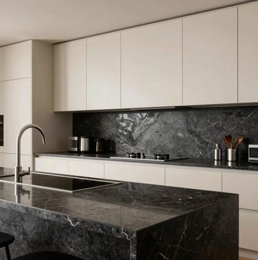 Modern gourmet kitchen with cream cabinetry and dark slate stone countertops, reflecting high-end South American / Brazilian contemporary architecture and professional lighting.