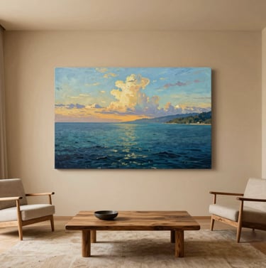 A wide shot of a minimalist living space with a warm sand-colored wall where a large, vibrant seascape painting is displayed. The room has organic wood furniture and a serene atmosphere.