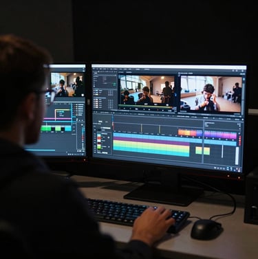 A behind-the-scenes photograph of a professional editing suite in a dark room. Glowing monitors display steel slate color grading panels and high-contrast video frames. The aesthetic is clean, professional, and tech-focused.
