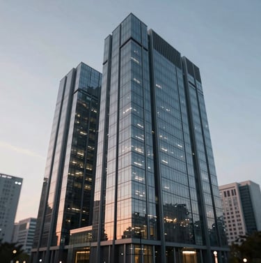 Wide cinematic shot of the finished 'Edge' building facade. Modern, sharp lines, dramatic evening sky. Reflections on glass surfaces using #F5F5DC tones. The structure dominates the frame with a bold presence.